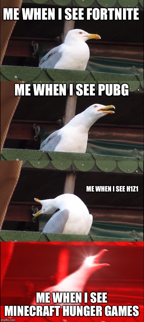 Inhaling Seagull Meme | ME WHEN I SEE FORTNITE; ME WHEN I SEE PUBG; ME WHEN I SEE H1Z1; ME WHEN I SEE MINECRAFT HUNGER GAMES | image tagged in memes,inhaling seagull | made w/ Imgflip meme maker