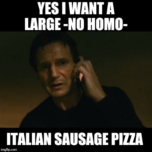 Liam Neeson Taken Meme | YES I WANT A LARGE -NO HOMO-; ITALIAN SAUSAGE PIZZA | image tagged in memes,liam neeson taken | made w/ Imgflip meme maker