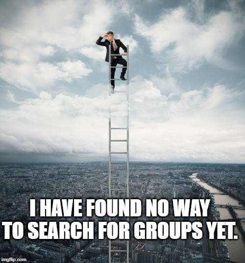 searching | I HAVE FOUND NO WAY TO SEARCH FOR GROUPS YET. | image tagged in searching | made w/ Imgflip meme maker