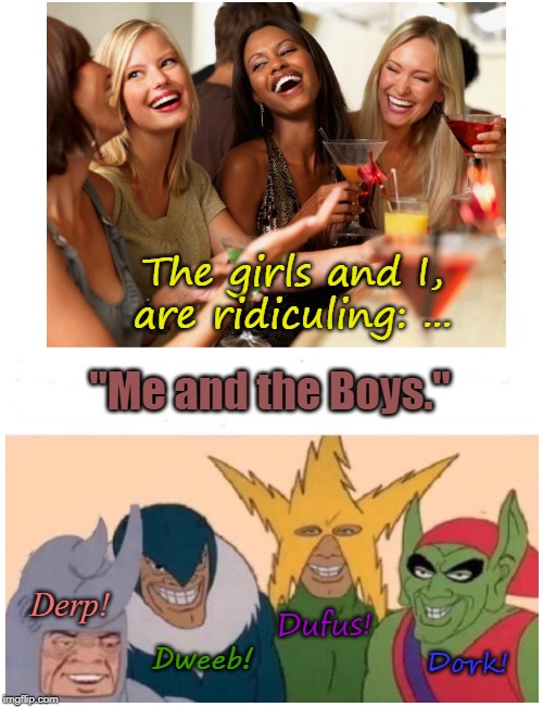  The girls and I, are ridiculing: ... "Me and the Boys."; Dufus! Derp! Dweeb! Dork! | image tagged in memes,girls laughing,me and the boys,enemies,villains,scumbag | made w/ Imgflip meme maker