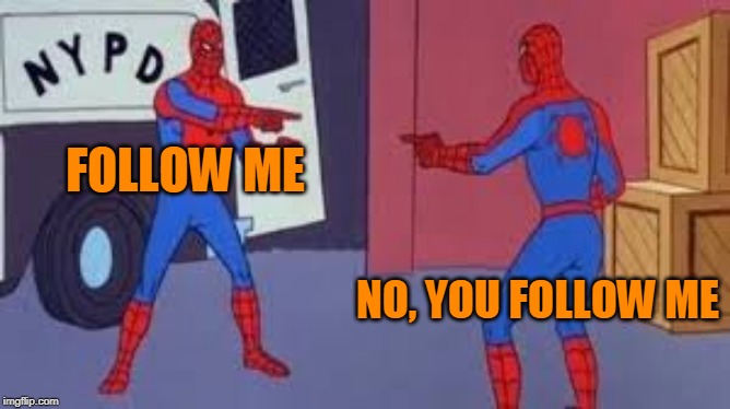 pointing spiderman | FOLLOW ME NO, YOU FOLLOW ME | image tagged in pointing spiderman | made w/ Imgflip meme maker