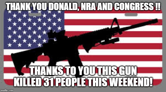 Whose fault is it | THANK YOU DONALD, NRA AND CONGRESS !! THANKS TO YOU THIS GUN KILLED 31 PEOPLE THIS WEEKEND! | image tagged in nra | made w/ Imgflip meme maker