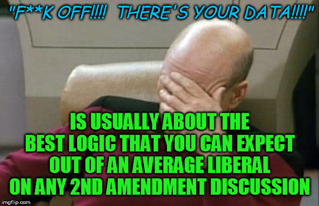 Captain Picard Facepalm Meme | "F**K OFF!!!!  THERE'S YOUR DATA!!!!" IS USUALLY ABOUT THE BEST LOGIC THAT YOU CAN EXPECT OUT OF AN AVERAGE LIBERAL ON ANY 2ND AMENDMENT DIS | image tagged in memes,captain picard facepalm | made w/ Imgflip meme maker
