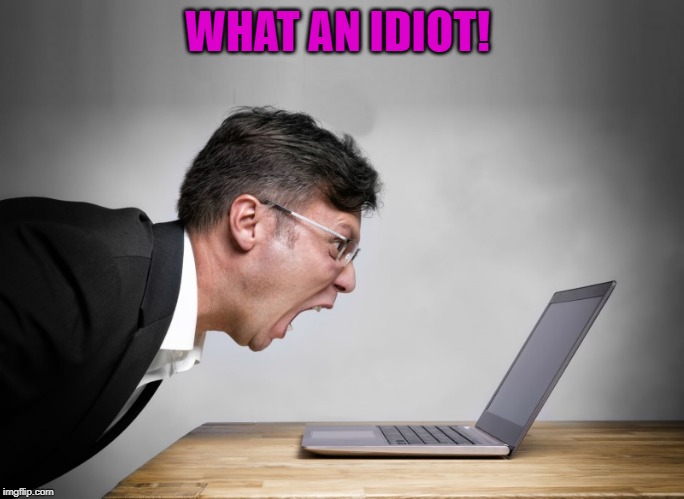 yelling at laptop | WHAT AN IDIOT! | image tagged in yelling at laptop | made w/ Imgflip meme maker