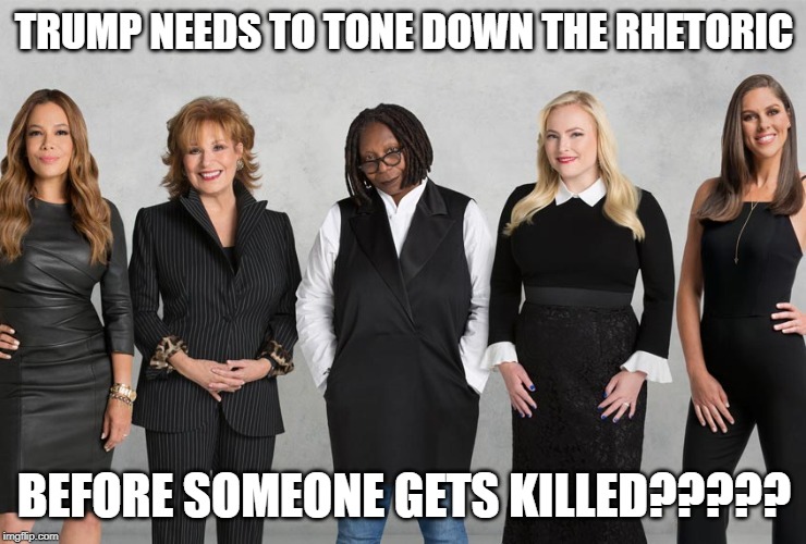 the view | TRUMP NEEDS TO TONE DOWN THE RHETORIC; BEFORE SOMEONE GETS KILLED????? | image tagged in democrats,democrat,politics,political meme,the view | made w/ Imgflip meme maker