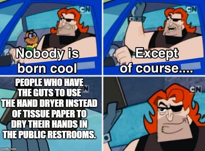 The Real Hereos | PEOPLE WHO HAVE THE GUTS TO USE THE HAND DRYER INSTEAD OF TISSUE PAPER TO DRY THEIR HANDS IN
 THE PUBLIC RESTROOMS. | image tagged in nobody is born cool,conservative,environment,heroes | made w/ Imgflip meme maker