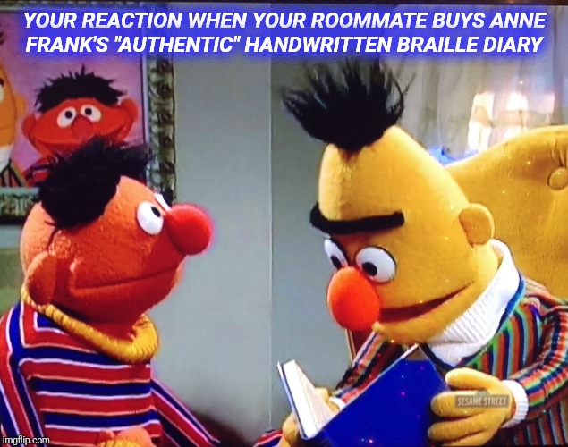 Bert and Ernie | YOUR REACTION WHEN YOUR ROOMMATE BUYS ANNE FRANK'S "AUTHENTIC" HANDWRITTEN BRAILLE DIARY | image tagged in bert and ernie | made w/ Imgflip meme maker