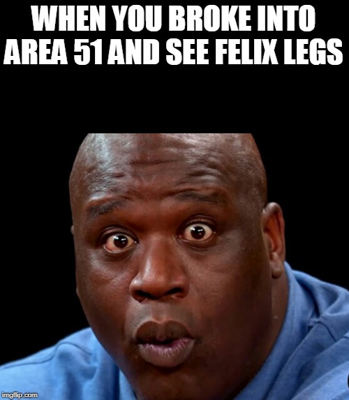 Suprised Shaq | WHEN YOU BROKE INTO AREA 51 AND SEE FELIX LEGS | image tagged in suprised shaq | made w/ Imgflip meme maker