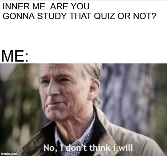 No I don't think I will | INNER ME: ARE YOU GONNA STUDY THAT QUIZ OR NOT? ME: | image tagged in no i don't think i will | made w/ Imgflip meme maker