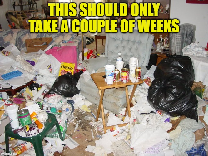Messy House | THIS SHOULD ONLY TAKE A COUPLE OF WEEKS | image tagged in messy house | made w/ Imgflip meme maker