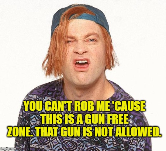 Kevin the teenager | YOU CAN'T ROB ME 'CAUSE THIS IS A GUN FREE ZONE. THAT GUN IS NOT ALLOWED. | image tagged in kevin the teenager | made w/ Imgflip meme maker