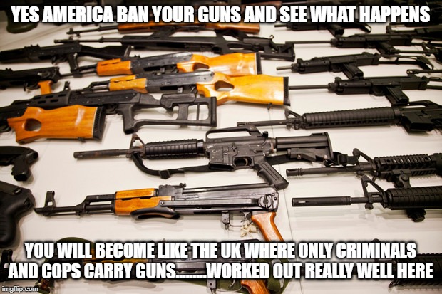 Gun Control | YES AMERICA BAN YOUR GUNS AND SEE WHAT HAPPENS; YOU WILL BECOME LIKE THE UK WHERE ONLY CRIMINALS AND COPS CARRY GUNS.........WORKED OUT REALLY WELL HERE | image tagged in gun control | made w/ Imgflip meme maker