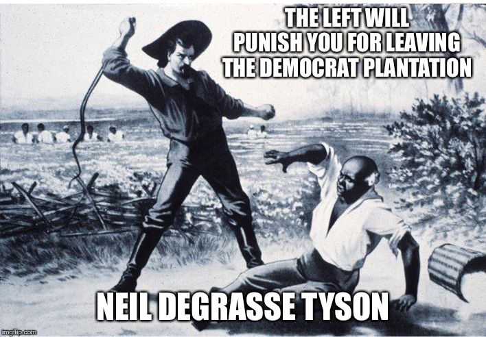slave | THE LEFT WILL PUNISH YOU FOR LEAVING THE DEMOCRAT PLANTATION NEIL DEGRASSE TYSON | image tagged in slave | made w/ Imgflip meme maker