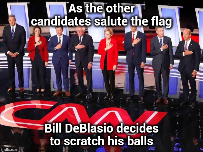 None of them have any respect , Bill's at least honest about it | As the other candidates salute the flag; Bill DeBlasio decides to scratch his balls | image tagged in politicians suck,politicians laughing,disrespect,x x everywhere,spoiled brats | made w/ Imgflip meme maker