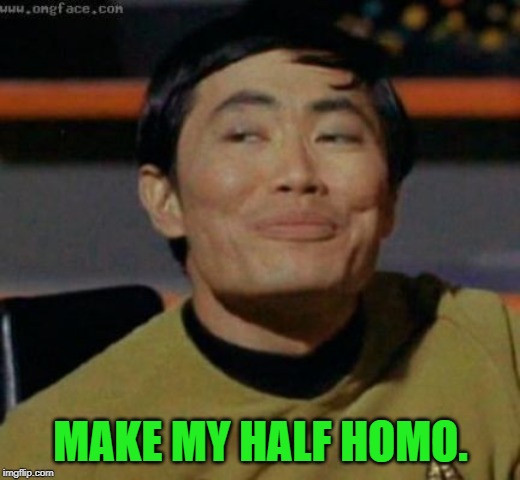 sulu | MAKE MY HALF HOMO. | image tagged in sulu | made w/ Imgflip meme maker