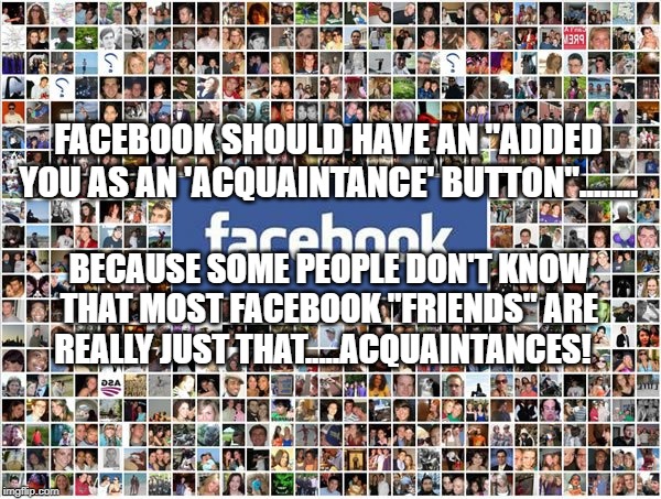 Facebook Friends | FACEBOOK SHOULD HAVE AN "ADDED YOU AS AN 'ACQUAINTANCE' BUTTON"........ BECAUSE SOME PEOPLE DON'T KNOW THAT MOST FACEBOOK "FRIENDS" ARE REALLY JUST THAT.....ACQUAINTANCES! | image tagged in facebook friends | made w/ Imgflip meme maker