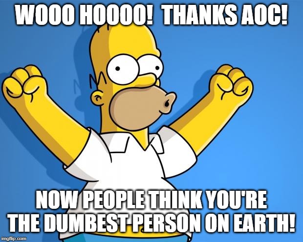 Woohoo Homer Simpson | WOOO HOOOO!  THANKS AOC! NOW PEOPLE THINK YOU'RE THE DUMBEST PERSON ON EARTH! | image tagged in woohoo homer simpson | made w/ Imgflip meme maker