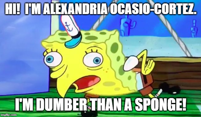 Retarded spongebob | HI!  I'M ALEXANDRIA OCASIO-CORTEZ. I'M DUMBER THAN A SPONGE! | image tagged in retarded spongebob | made w/ Imgflip meme maker