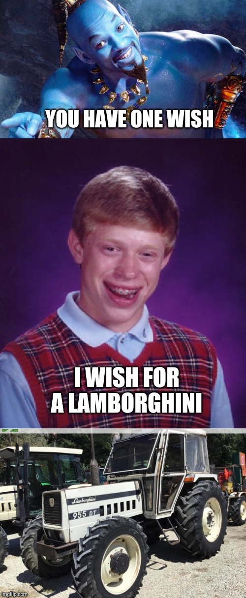 YOU HAVE ONE WISH; I WISH FOR A LAMBORGHINI | image tagged in memes,bad luck brian | made w/ Imgflip meme maker