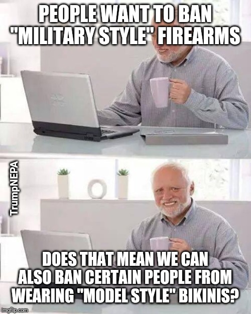 Military style vs model style | PEOPLE WANT TO BAN "MILITARY STYLE" FIREARMS; TrumpNEPA; DOES THAT MEAN WE CAN ALSO BAN CERTAIN PEOPLE FROM WEARING "MODEL STYLE" BIKINIS? | image tagged in memes,hide the pain harold,assault rifle | made w/ Imgflip meme maker