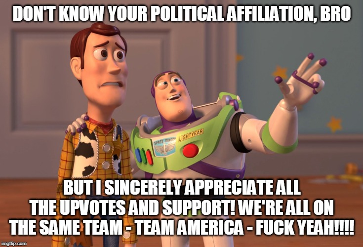 Americans, Americans everywhere!  Let's be friends because we're all on the same team - don't let the politicians divide us! | DON'T KNOW YOUR POLITICAL AFFILIATION, BRO BUT I SINCERELY APPRECIATE ALL THE UPVOTES AND SUPPORT! WE'RE ALL ON THE SAME TEAM - TEAM AMERICA | image tagged in memes,x x everywhere,america,politics | made w/ Imgflip meme maker