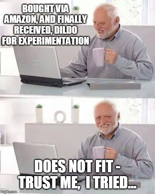 Harold Tries a Dildo Because His Wife Left Him (she used to strap it on, trust me)...Again! | BOUGHT VIA AMAZON, AND FINALLY RECEIVED, D**DO FOR EXPERIMENTATION DOES NOT FIT - TRUST ME,  I TRIED... | image tagged in memes,hide the pain harold,dildo,strapping | made w/ Imgflip meme maker