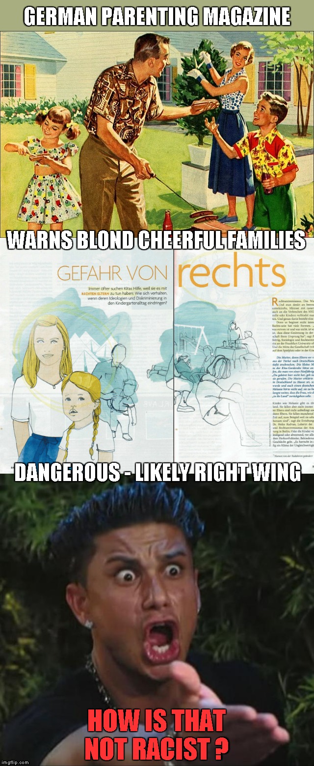 Parenting | GERMAN PARENTING MAGAZINE; WARNS BLOND CHEERFUL FAMILIES; DANGEROUS - LIKELY RIGHT WING; HOW IS THAT NOT RACIST ? | image tagged in memes,dj pauly d,american family,reverse racism | made w/ Imgflip meme maker