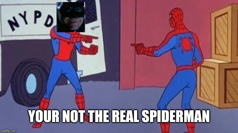 spiderman pointing at spiderman | YOUR NOT THE REAL SPIDERMAN | image tagged in spiderman pointing at spiderman | made w/ Imgflip meme maker