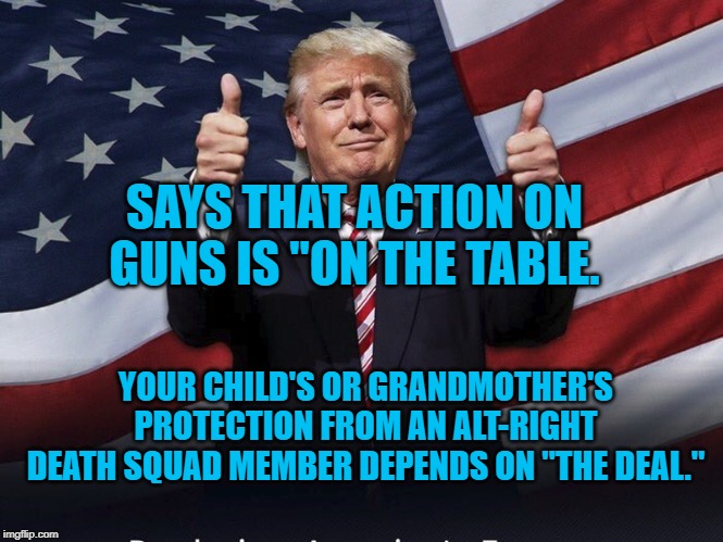 Donald Trump Thumbs Up | SAYS THAT ACTION ON GUNS IS "ON THE TABLE. YOUR CHILD'S OR GRANDMOTHER'S PROTECTION FROM AN ALT-RIGHT DEATH SQUAD MEMBER DEPENDS ON "THE DEAL." | image tagged in donald trump thumbs up | made w/ Imgflip meme maker