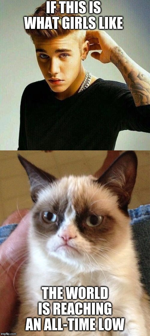 Seriously?!?!?! | IF THIS IS WHAT GIRLS LIKE; THE WORLD IS REACHING AN ALL-TIME LOW | image tagged in memes,justin bieber,grumpy cat | made w/ Imgflip meme maker