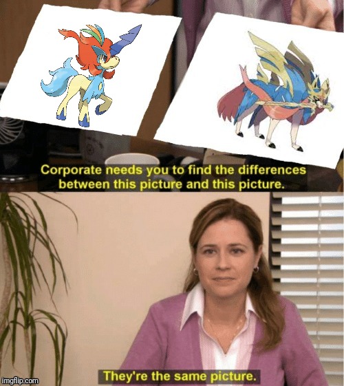 Smae color scheme and have a signature sword? Seems a bit familiar | image tagged in office same picture,pokemon,pokemon sword and shield,keldeo,zacian | made w/ Imgflip meme maker