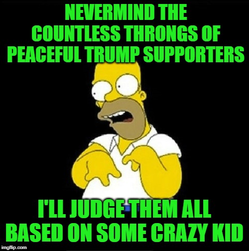 Homer Simpson Retarded | NEVERMIND THE COUNTLESS THRONGS OF PEACEFUL TRUMP SUPPORTERS I'LL JUDGE THEM ALL BASED ON SOME CRAZY KID | image tagged in homer simpson retarded | made w/ Imgflip meme maker