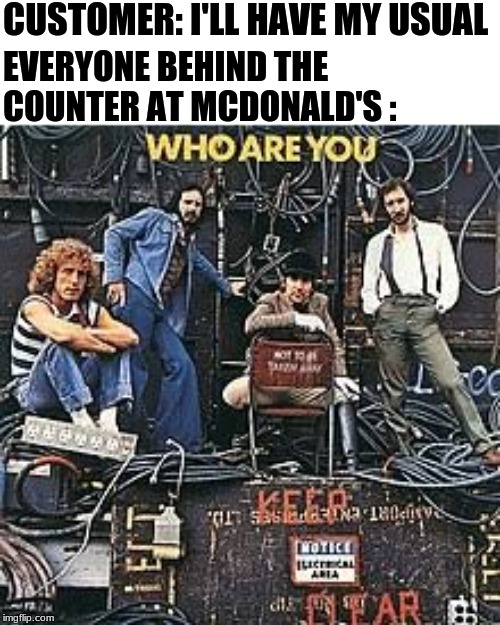 who are you | CUSTOMER: I'LL HAVE MY USUAL; EVERYONE BEHIND THE COUNTER AT MCDONALD'S : | image tagged in who are you | made w/ Imgflip meme maker