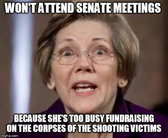 Full Retard Senator Elizabeth Warren | WON'T ATTEND SENATE MEETINGS BECAUSE SHE'S TOO BUSY FUNDRAISING ON THE CORPSES OF THE SHOOTING VICTIMS | image tagged in full retard senator elizabeth warren | made w/ Imgflip meme maker
