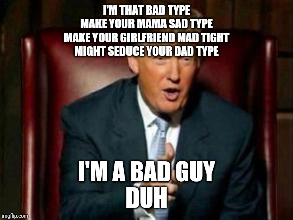 Donald Trump | I'M THAT BAD TYPE
MAKE YOUR MAMA SAD TYPE
MAKE YOUR GIRLFRIEND MAD TIGHT
MIGHT SEDUCE YOUR DAD TYPE; I'M A BAD GUY
DUH | image tagged in donald trump | made w/ Imgflip meme maker