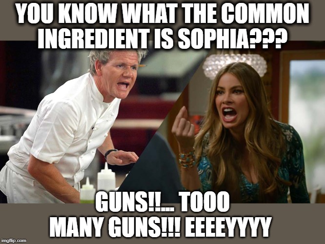 YOU KNOW WHAT THE COMMON INGREDIENT IS SOPHIA??? GUNS!!... TOOO MANY GUNS!!! EEEEYYYY | made w/ Imgflip meme maker