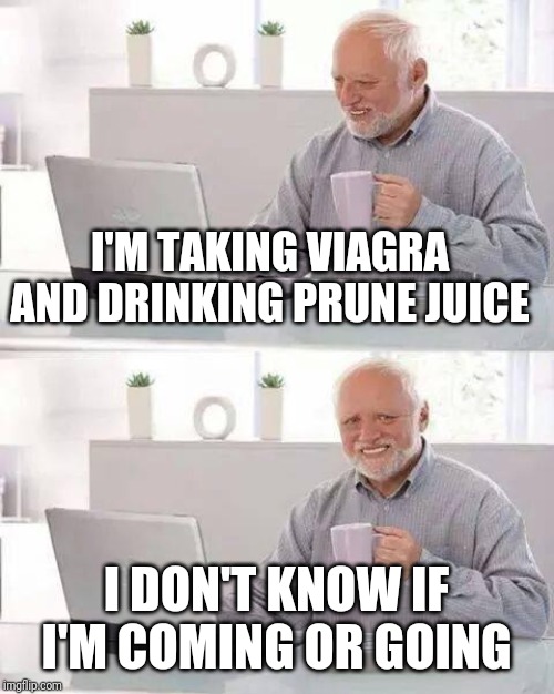 Hide the Pain Harold Meme | I'M TAKING VIAGRA AND DRINKING PRUNE JUICE; I DON'T KNOW IF I'M COMING OR GOING | image tagged in memes,hide the pain harold | made w/ Imgflip meme maker