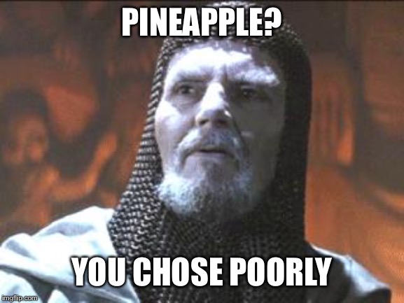 grail knight you chose poorly | PINEAPPLE? YOU CHOSE POORLY | image tagged in grail knight you chose poorly | made w/ Imgflip meme maker
