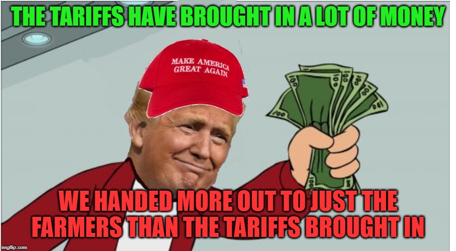 Trump and magatards logic | THE TARIFFS HAVE BROUGHT IN A LOT OF MONEY; WE HANDED MORE OUT TO JUST THE FARMERS THAN THE TARIFFS BROUGHT IN | image tagged in trump shut up and take my money | made w/ Imgflip meme maker