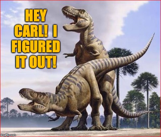 horny t rex | HEY CARL!  I FIGURED IT OUT! | image tagged in horny t rex | made w/ Imgflip meme maker