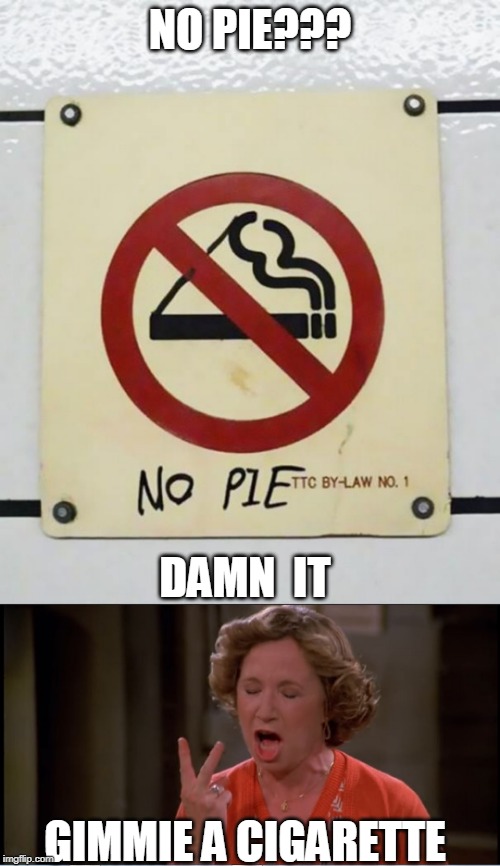 NO PIE | NO PIE??? DAMN  IT; GIMMIE A CIGARETTE | image tagged in pie,no smoking,funny,memes | made w/ Imgflip meme maker