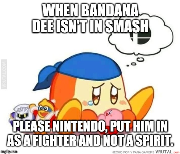 Nintendo should definitely listen to us an put bandana Dee in smash already | WHEN BANDANA DEE ISN'T IN SMASH; PLEASE NINTENDO, PUT HIM IN AS A FIGHTER AND NOT A SPIRIT. | image tagged in sad bandana dee,smash bros,memes | made w/ Imgflip meme maker