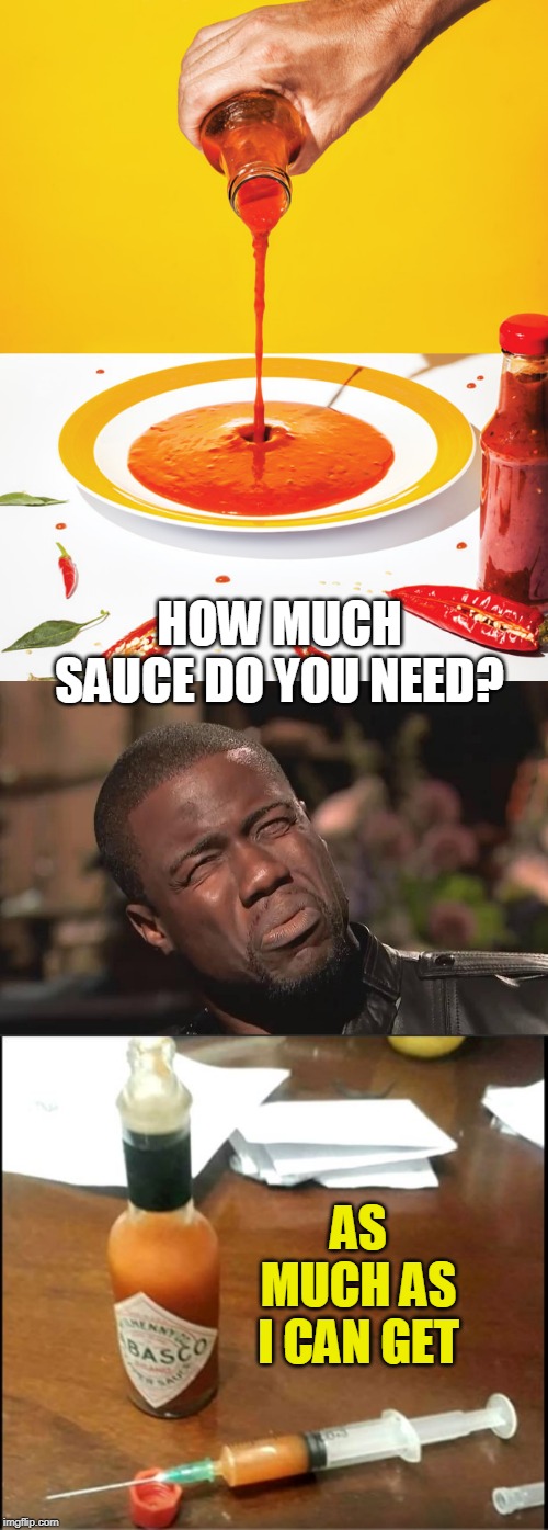 TOO MUCH | HOW MUCH SAUCE DO YOU NEED? AS MUCH AS I CAN GET | image tagged in hot sauce,wtf,memes | made w/ Imgflip meme maker