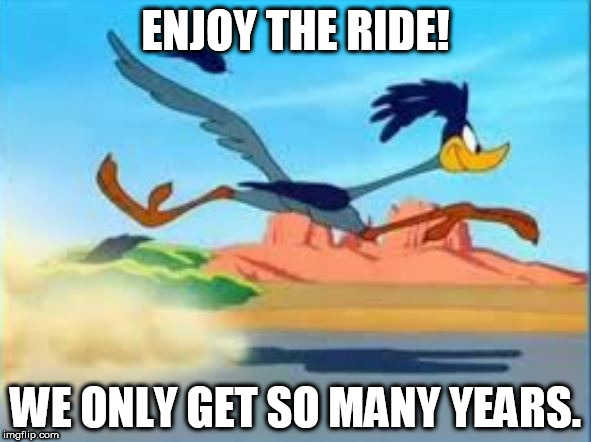 WISDOM   Of   the   ROAD.........       RUNNER! | ENJOY THE RIDE! WE ONLY GET SO MANY YEARS. | image tagged in roadrunner,get so many,enjoy the ride | made w/ Imgflip meme maker