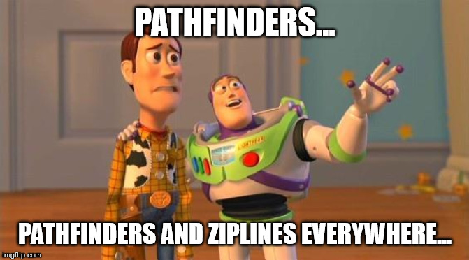 TOYSTORY EVERYWHERE | PATHFINDERS... PATHFINDERS AND ZIPLINES EVERYWHERE... | image tagged in toystory everywhere,apexlegends | made w/ Imgflip meme maker