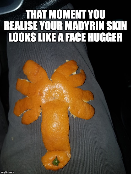 That Moment | THAT MOMENT YOU REALISE YOUR MADYRIN SKIN LOOKS LIKE A FACE HUGGER | image tagged in facehugger,aliens,orange | made w/ Imgflip meme maker