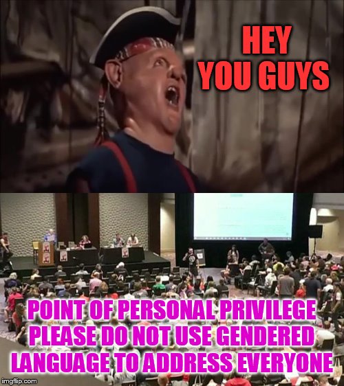Democratic Socialists of America Convention | HEY YOU GUYS; POINT OF PERSONAL PRIVILEGE PLEASE DO NOT USE GENDERED LANGUAGE TO ADDRESS EVERYONE | image tagged in memes,politics,democratic socialists of america convention,point of personal privilege,what a joke | made w/ Imgflip meme maker