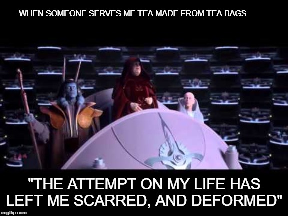 the attempt on my life | WHEN SOMEONE SERVES ME TEA MADE FROM TEA BAGS; "THE ATTEMPT ON MY LIFE HAS LEFT ME SCARRED, AND DEFORMED" | image tagged in the attempt on my life,tea | made w/ Imgflip meme maker