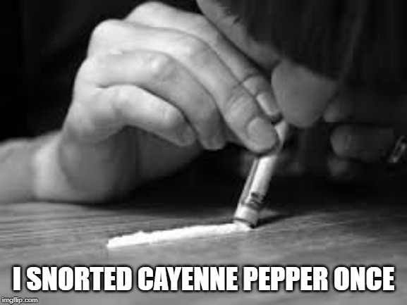 snorting | I SNORTED CAYENNE PEPPER ONCE | image tagged in snorting | made w/ Imgflip meme maker