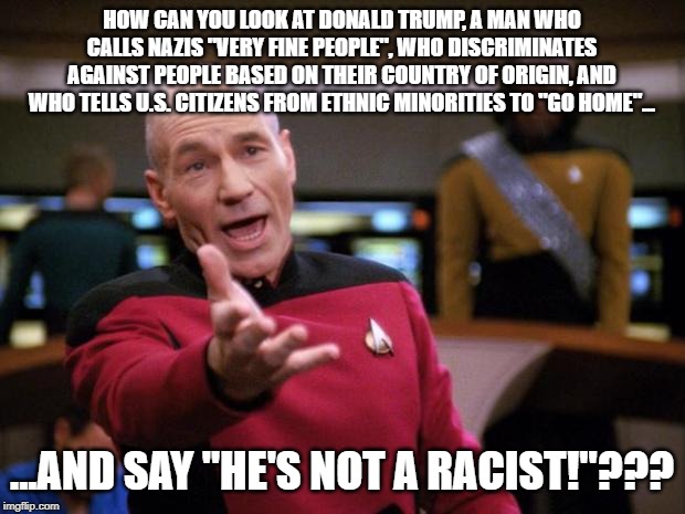 Patrick Stewart "why the hell..." | HOW CAN YOU LOOK AT DONALD TRUMP, A MAN WHO CALLS NAZIS "VERY FINE PEOPLE", WHO DISCRIMINATES AGAINST PEOPLE BASED ON THEIR COUNTRY OF ORIGIN, AND WHO TELLS U.S. CITIZENS FROM ETHNIC MINORITIES TO "GO HOME"... ...AND SAY "HE'S NOT A RACIST!"??? | image tagged in patrick stewart why the hell | made w/ Imgflip meme maker